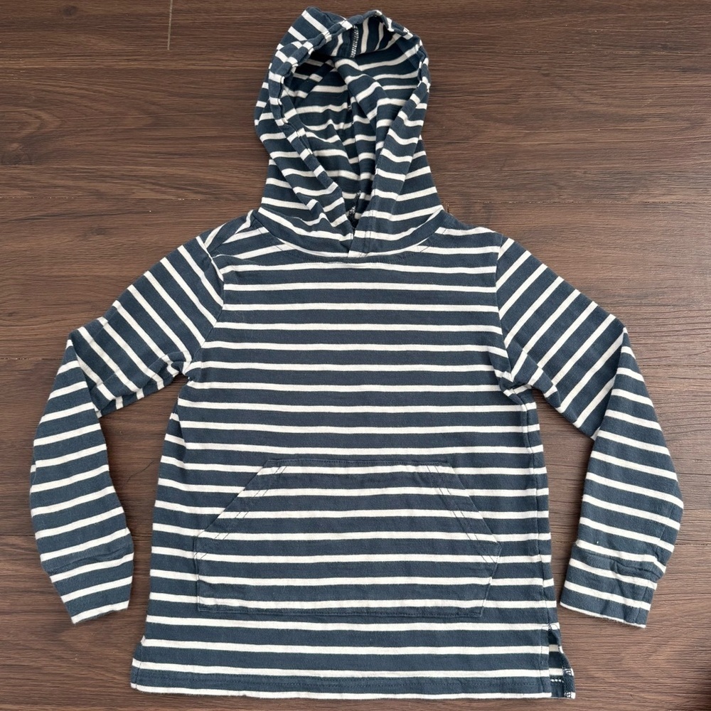Quince Organic Cotton Blue White Long Sleeve Stripe Hooded Pullover Shirt Size 6